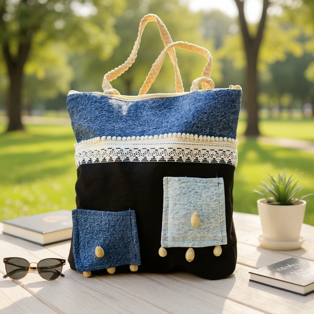 Stylish Tote Bag For Women Denim Canvas DS140 BLACK BLUE
