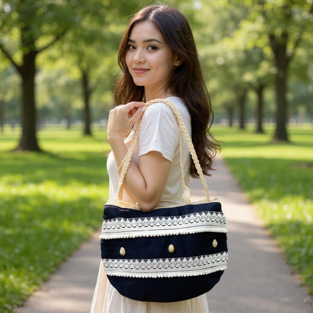 Stylish Large Round Bag For Women Denim Canvas DS140 ROUND BLACK