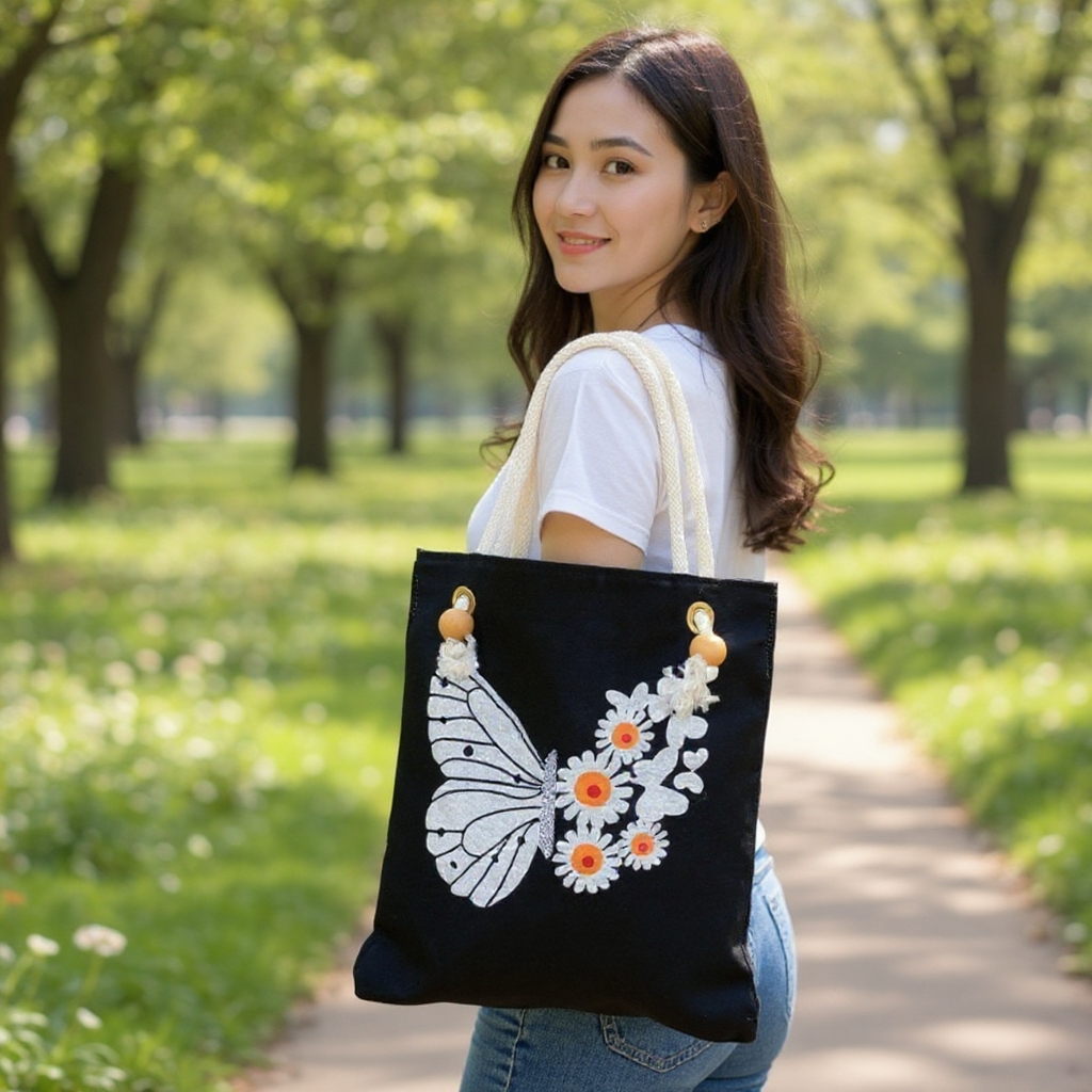 Stylish Tote Bag For Women Denim Canvas DS140 BLACK JEANS
