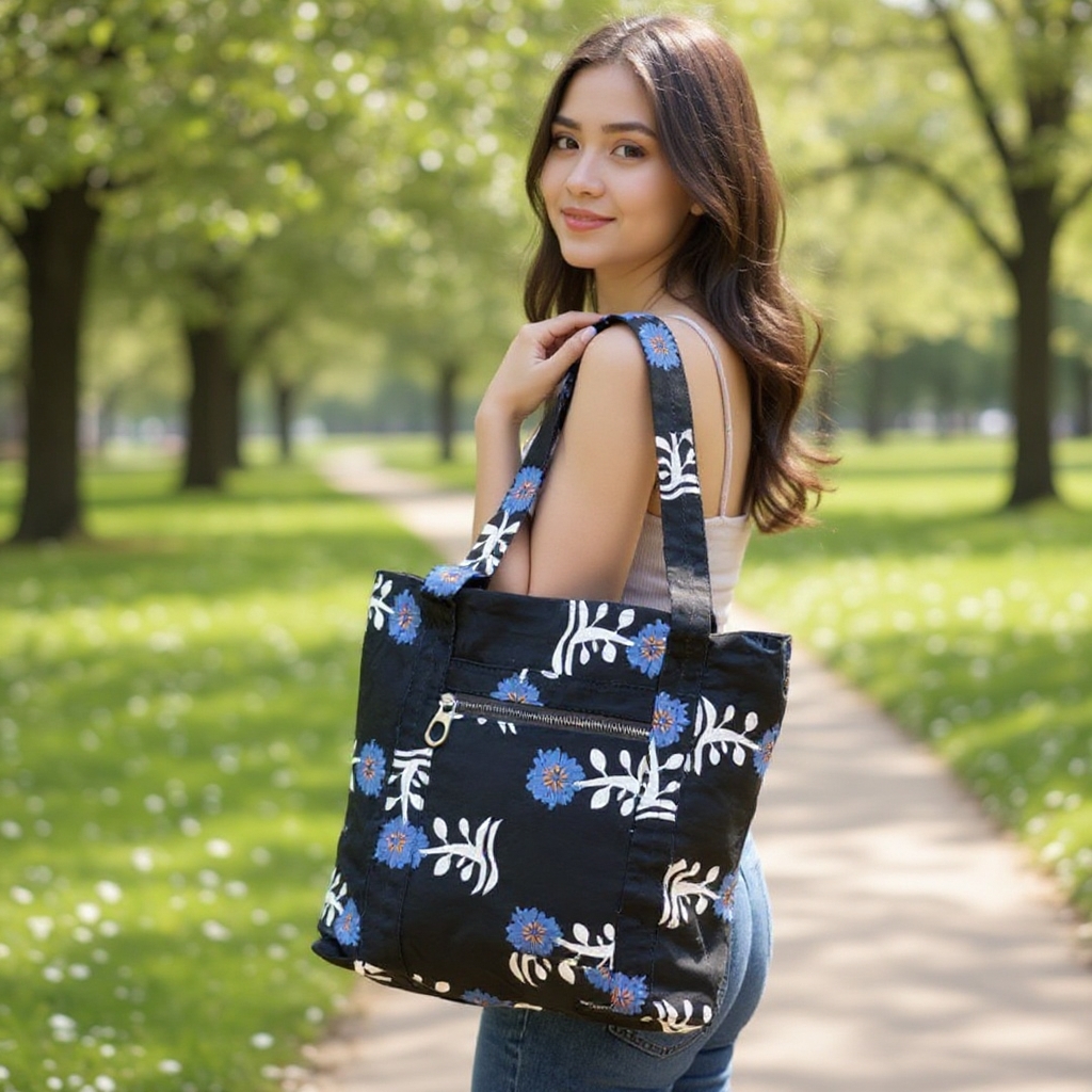 Stylish Tote Bag For Women Denim Canvas DS140 BLACK LEAF
