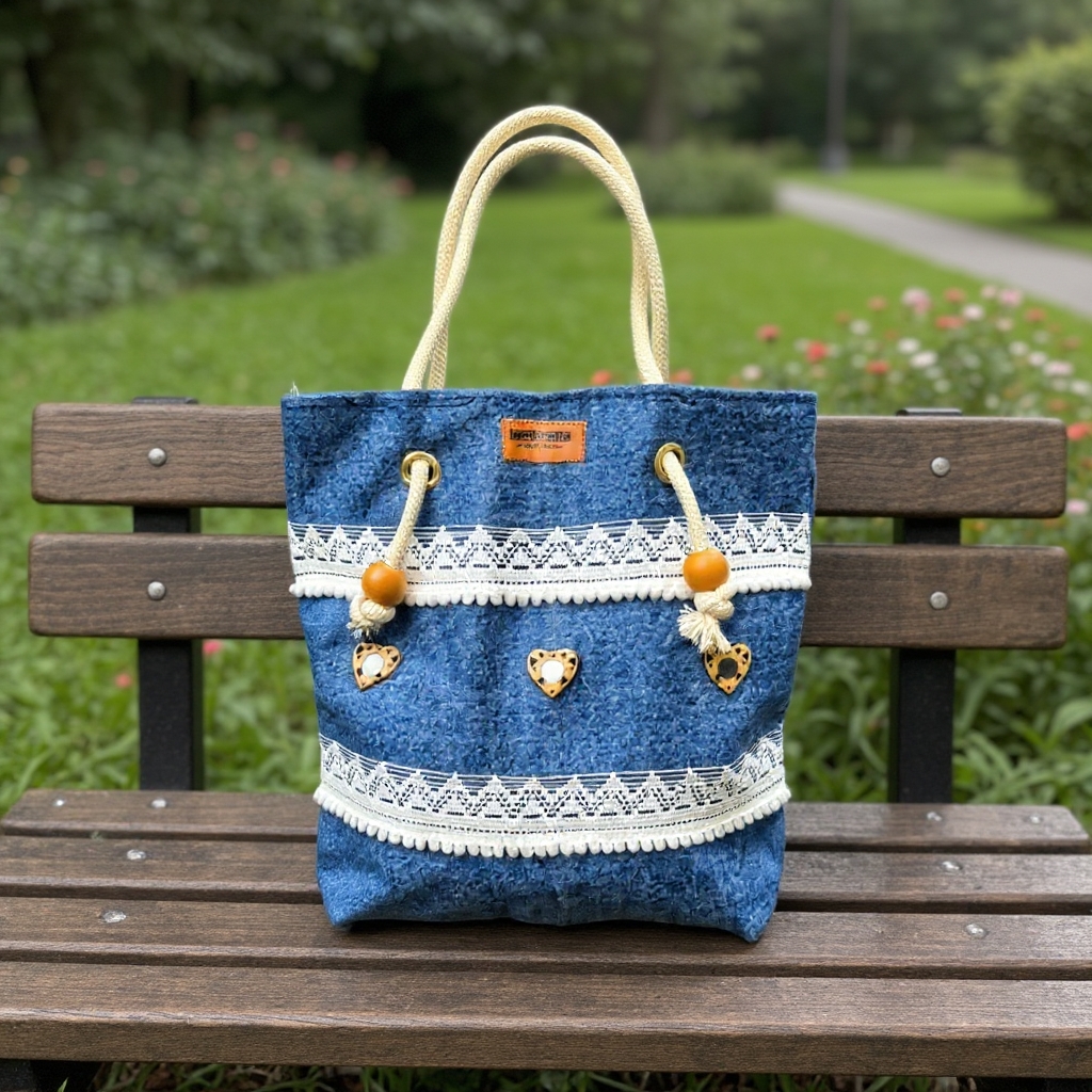 Stylish Tote Bag For Women Denim Canvas DS140 CRAFT SKY BLUE